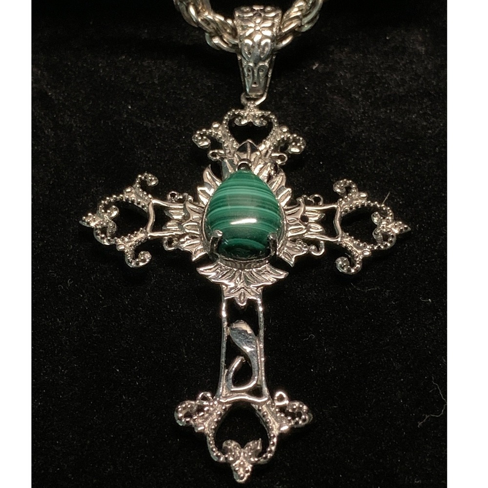 Malachite Gothic Cross Pendant Rope Chain Necklace 316L Stainless Steel 49g